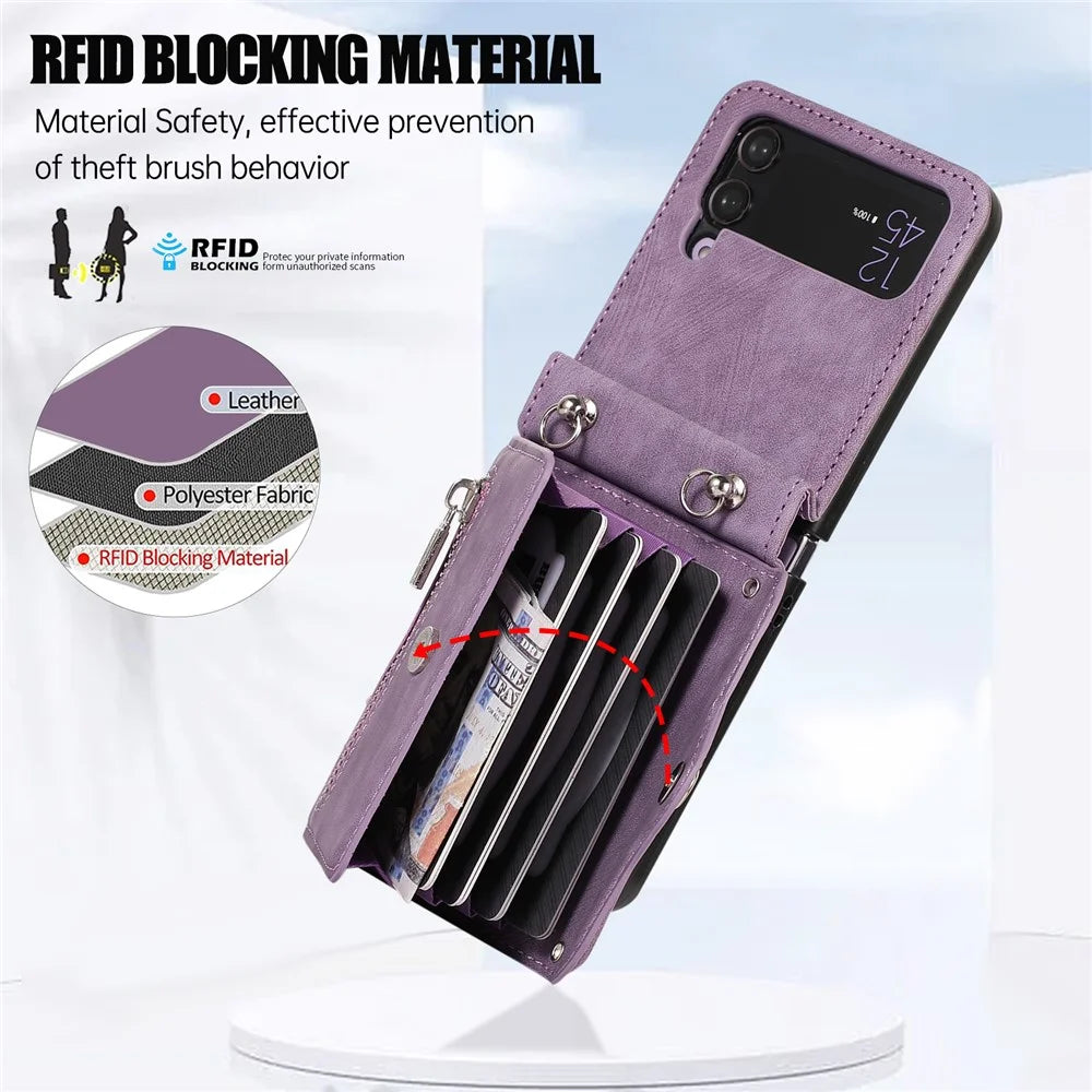 Phone Case for Samsung Galaxy Z Flip3 5G RFID Blocking Card Bag PU Leather+TPU Cover with Kickstand - Purple - 4