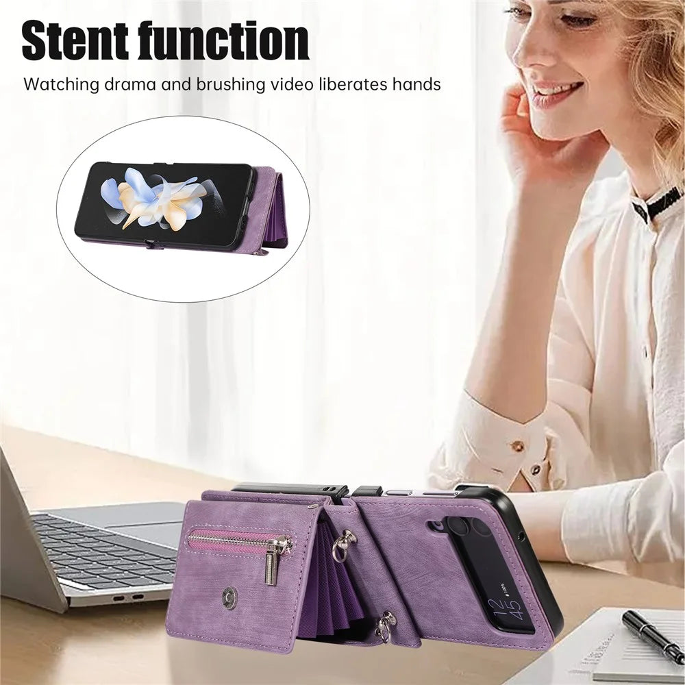 Phone Case for Samsung Galaxy Z Flip3 5G RFID Blocking Card Bag PU Leather+TPU Cover with Kickstand - Purple - 5