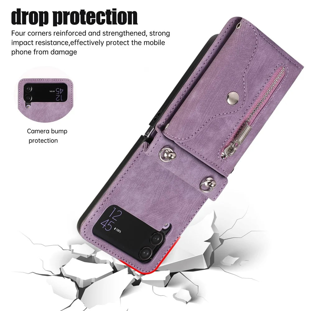 Phone Case for Samsung Galaxy Z Flip3 5G RFID Blocking Card Bag PU Leather+TPU Cover with Kickstand - Purple - 6