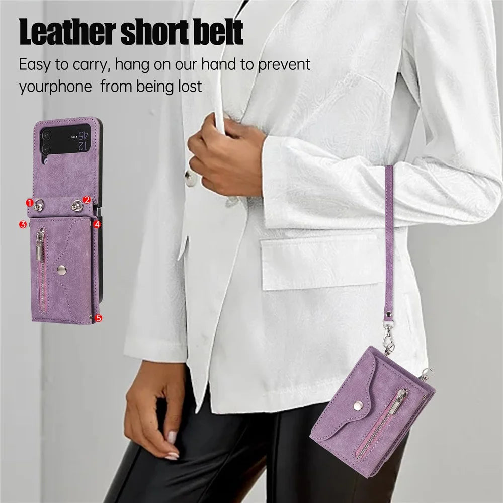 Phone Case for Samsung Galaxy Z Flip3 5G RFID Blocking Card Bag PU Leather+TPU Cover with Kickstand - Purple - 7