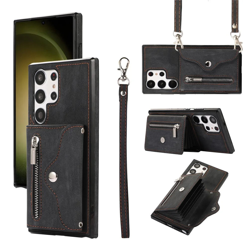 Kickstand Shell for Samsung Galaxy S23 Ultra RFID Blocking Card Bag Phone Case PU Leather+TPU Cover - Black - 1