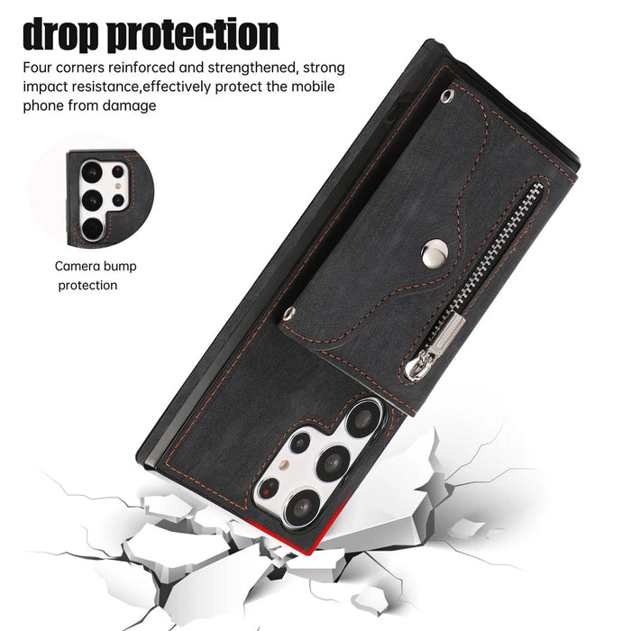Kickstand Shell for Samsung Galaxy S23 Ultra RFID Blocking Card Bag Phone Case PU Leather+TPU Cover - Black - 6