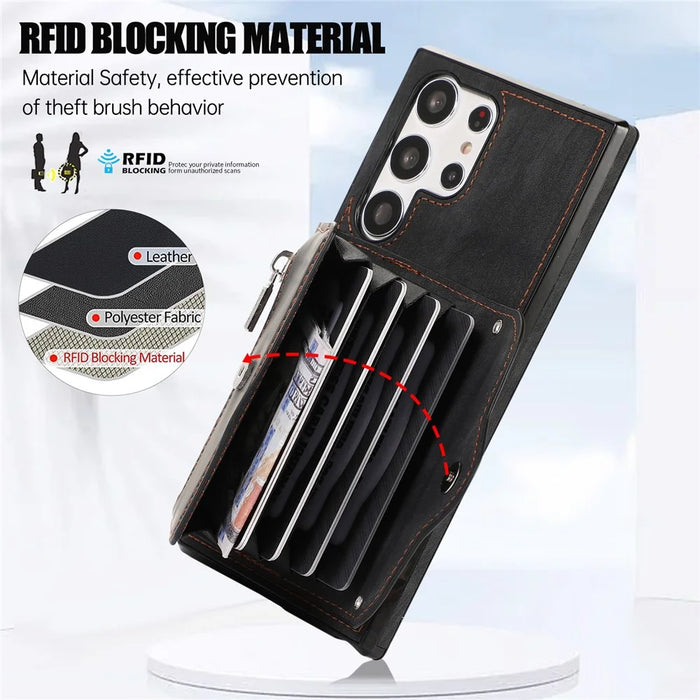 Kickstand Shell for Samsung Galaxy S23 Ultra RFID Blocking Card Bag Phone Case PU Leather+TPU Cover - Black - 7