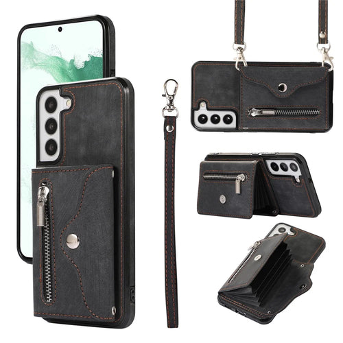For Samsung Galaxy S21 FE 5G Smartphone Case Kickstand PU Leather+TPU Shell with RFID Blocking Card Bag - Black - 1