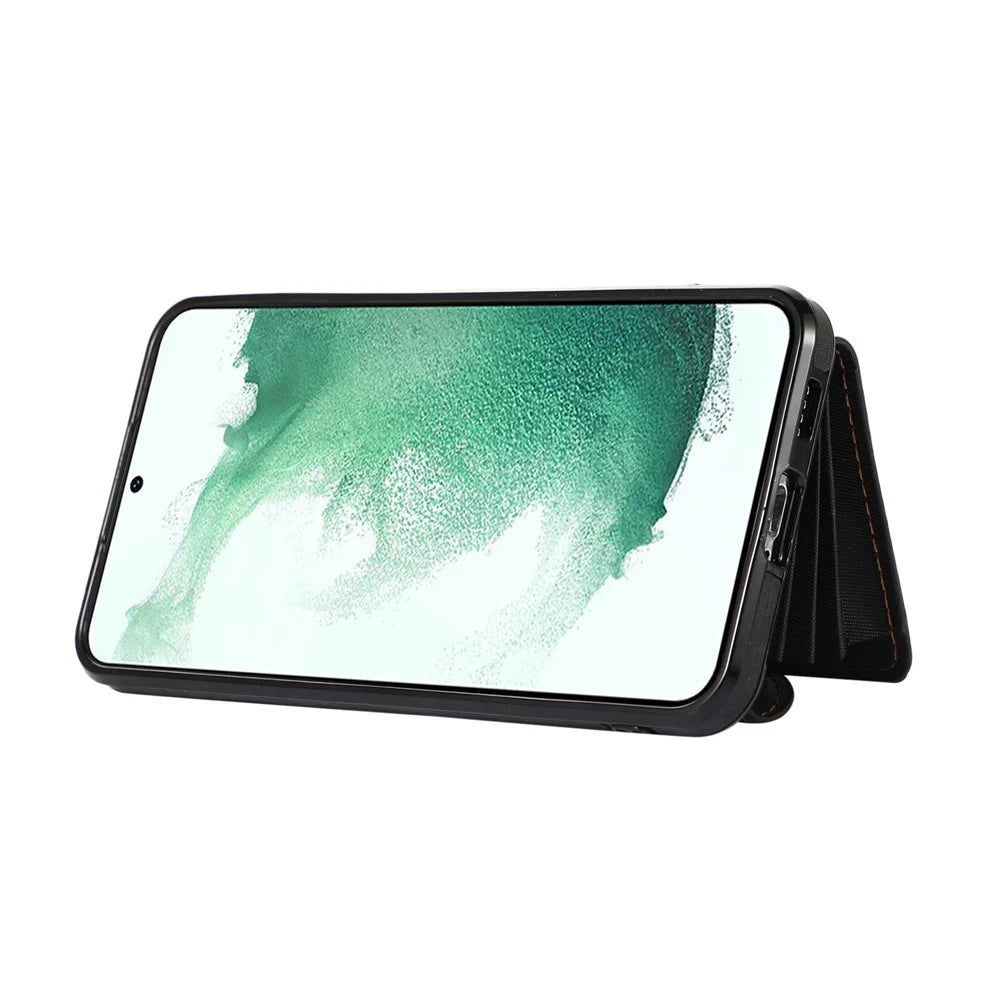 For Samsung Galaxy S21 FE 5G Smartphone Case Kickstand PU Leather+TPU Shell with RFID Blocking Card Bag - Black - 2