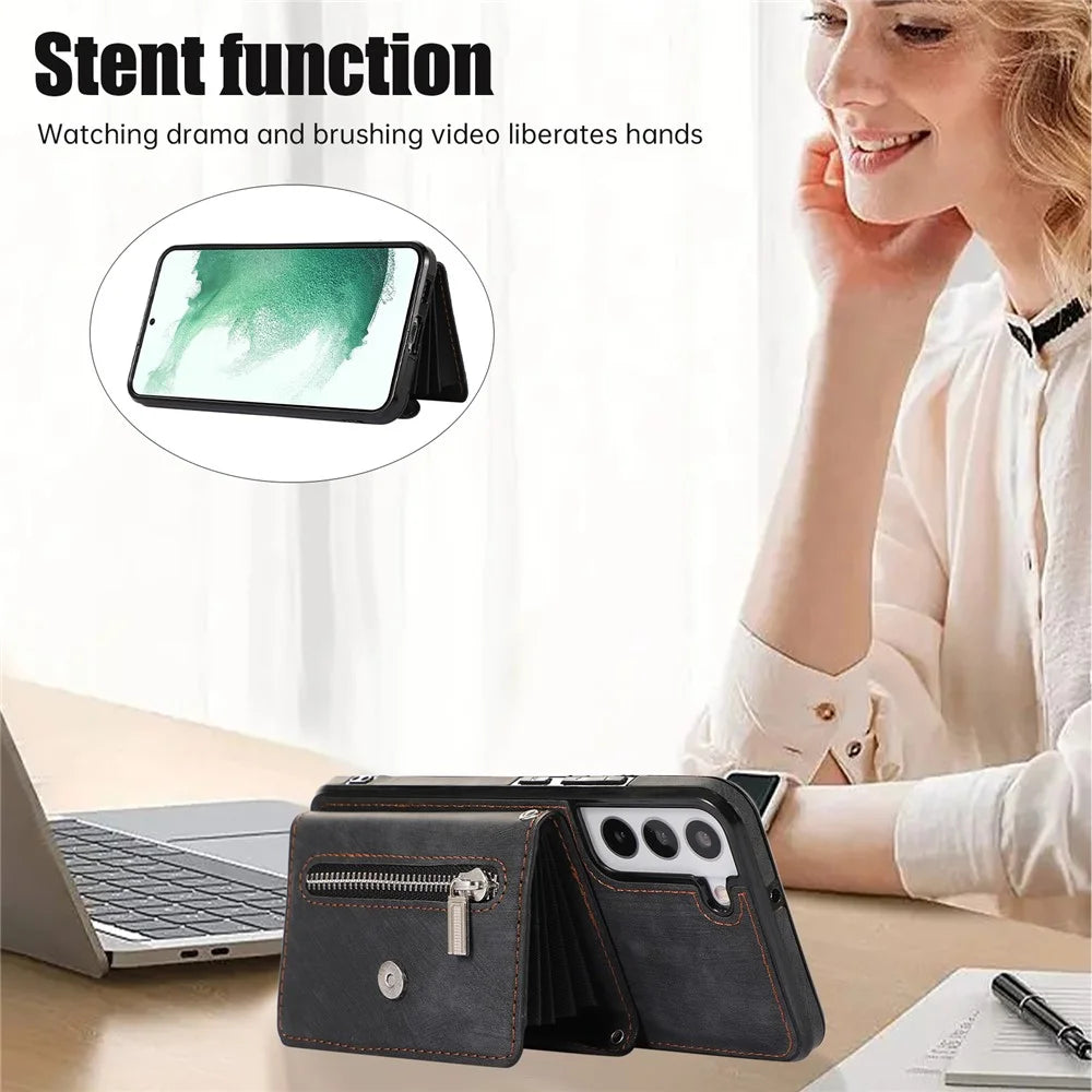 For Samsung Galaxy S21 FE 5G Smartphone Case Kickstand PU Leather+TPU Shell with RFID Blocking Card Bag - Black - 3