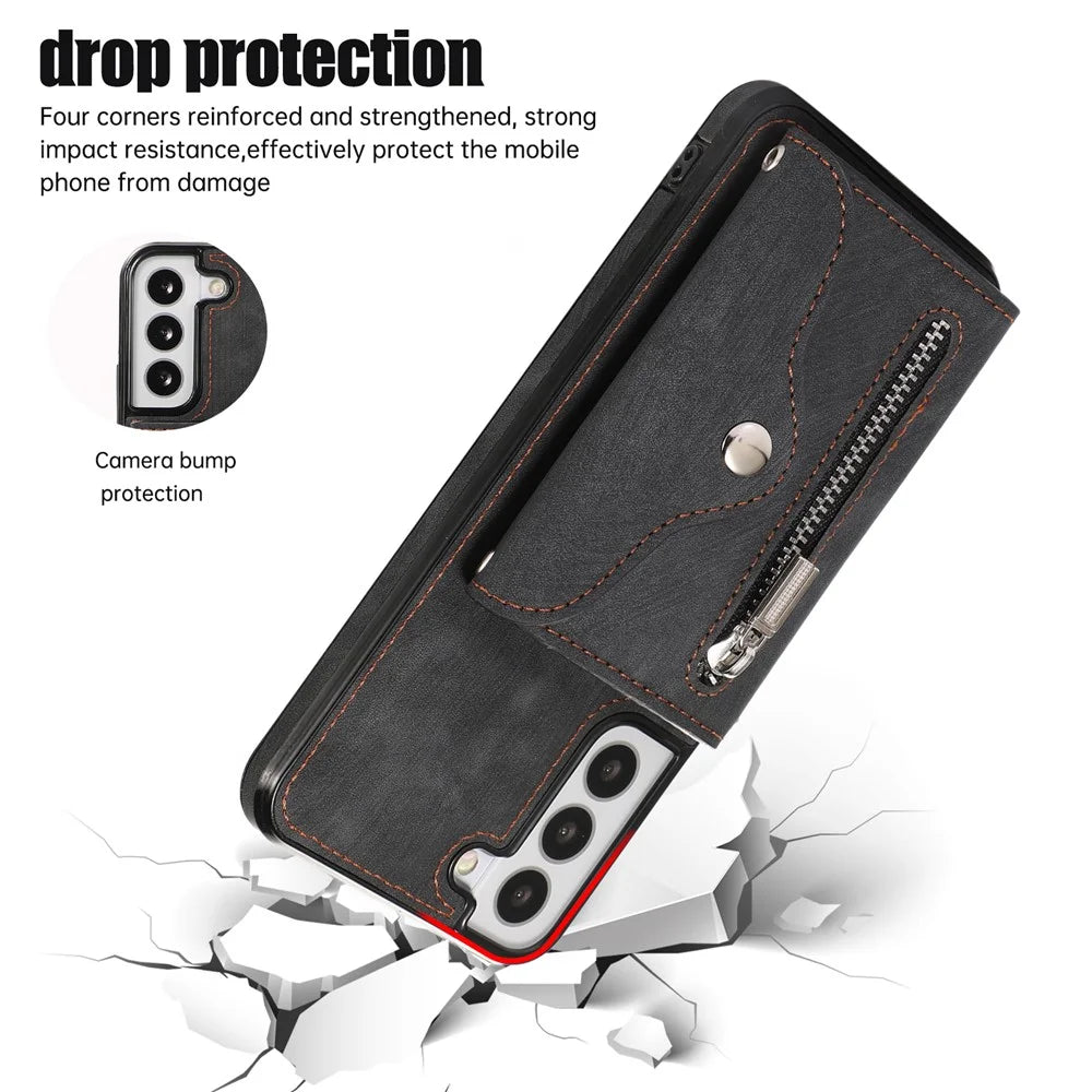For Samsung Galaxy S21 FE 5G Smartphone Case Kickstand PU Leather+TPU Shell with RFID Blocking Card Bag - Black - 4