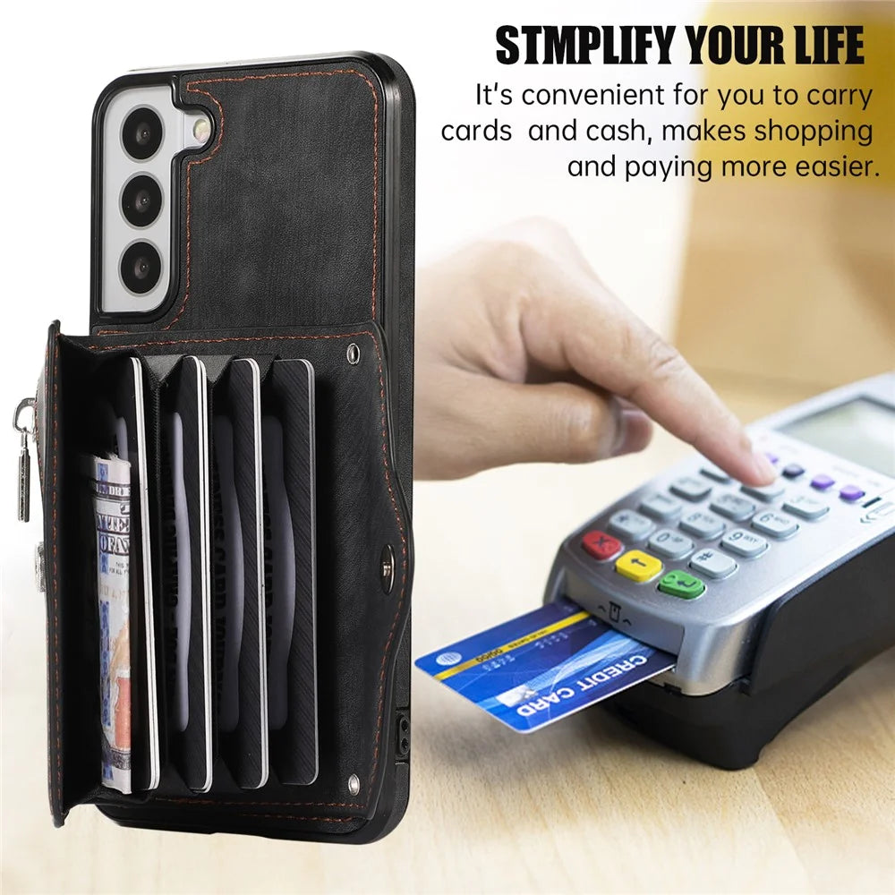 For Samsung Galaxy S21 FE 5G Smartphone Case Kickstand PU Leather+TPU Shell with RFID Blocking Card Bag - Black - 5