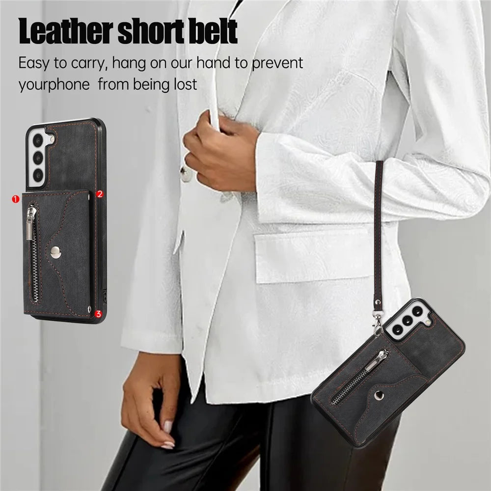 For Samsung Galaxy S21 FE 5G Smartphone Case Kickstand PU Leather+TPU Shell with RFID Blocking Card Bag - Black - 7