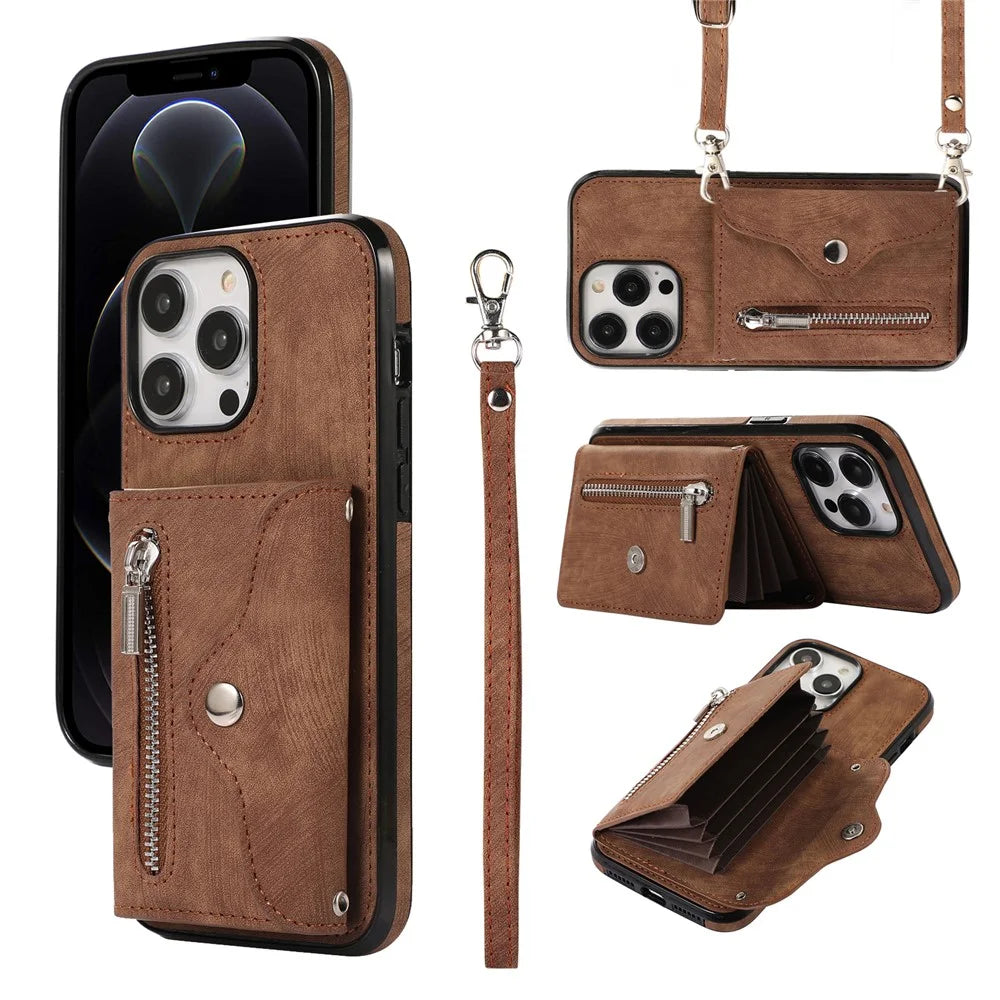 For iPhone 12 / 12 Pro 6.1 inch PU Leather+TPU Phone Case Kickstand Cover with RFID Blocking Card Bag - Brown - 1
