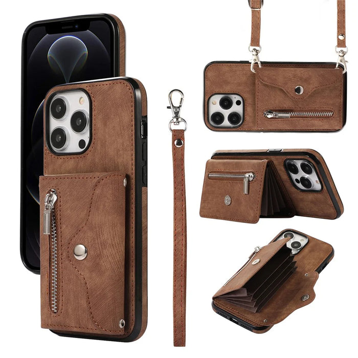 For iPhone 12 / 12 Pro 6.1 inch PU Leather+TPU Phone Case Kickstand Cover with RFID Blocking Card Bag - Brown - 1