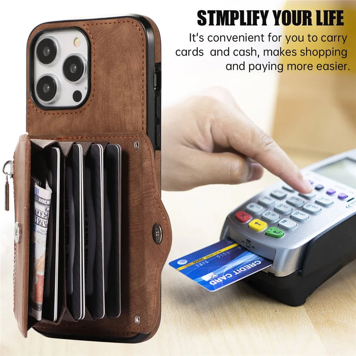 For iPhone 12 / 12 Pro 6.1 inch PU Leather+TPU Phone Case Kickstand Cover with RFID Blocking Card Bag - Brown - 4