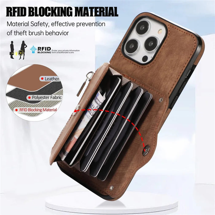 For iPhone 12 / 12 Pro 6.1 inch PU Leather+TPU Phone Case Kickstand Cover with RFID Blocking Card Bag - Brown - 7