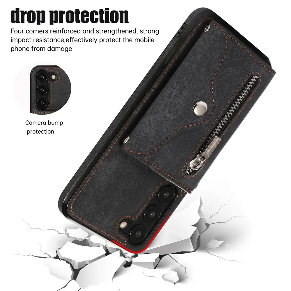 Anti-Dust PU Leather+TPU Phone Case for Samsung Galaxy S23 RFID Blocking Card Bag Kickstand Cover - Black - 3