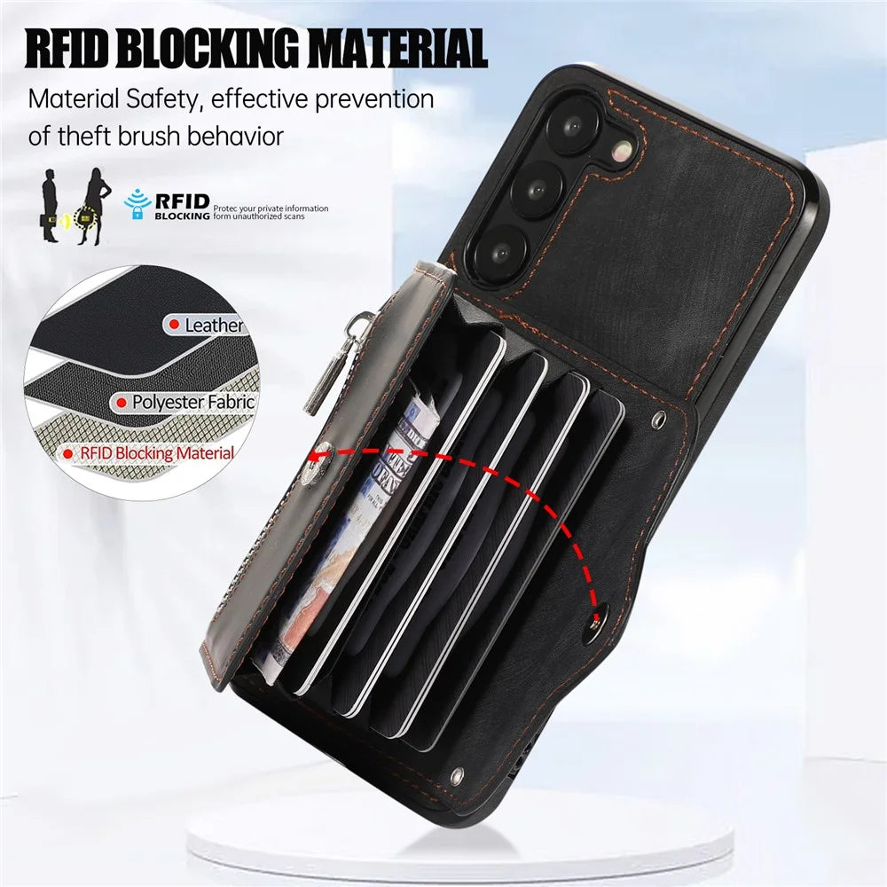 Anti-Dust PU Leather+TPU Phone Case for Samsung Galaxy S23 RFID Blocking Card Bag Kickstand Cover - Black - 4