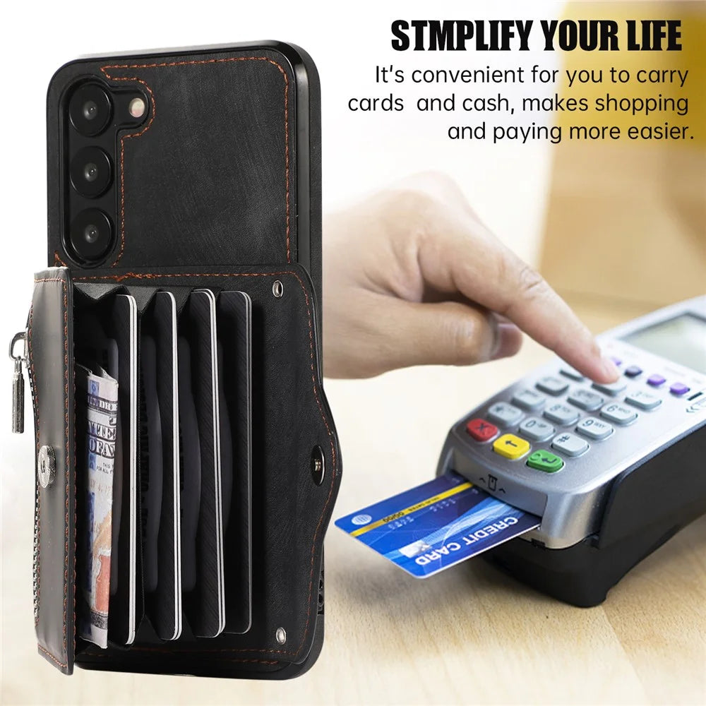 Anti-Dust PU Leather+TPU Phone Case for Samsung Galaxy S23 RFID Blocking Card Bag Kickstand Cover - Black - 5