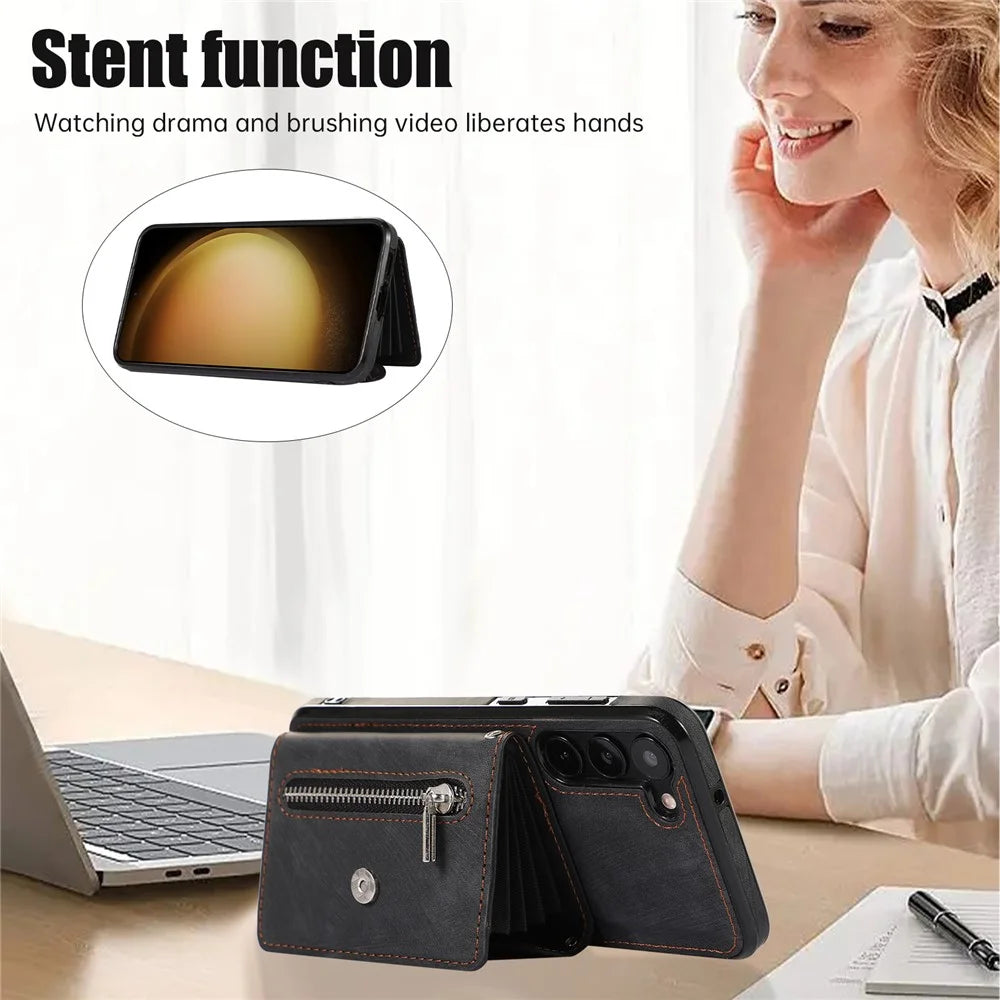 Anti-Dust PU Leather+TPU Phone Case for Samsung Galaxy S23 RFID Blocking Card Bag Kickstand Cover - Black - 6