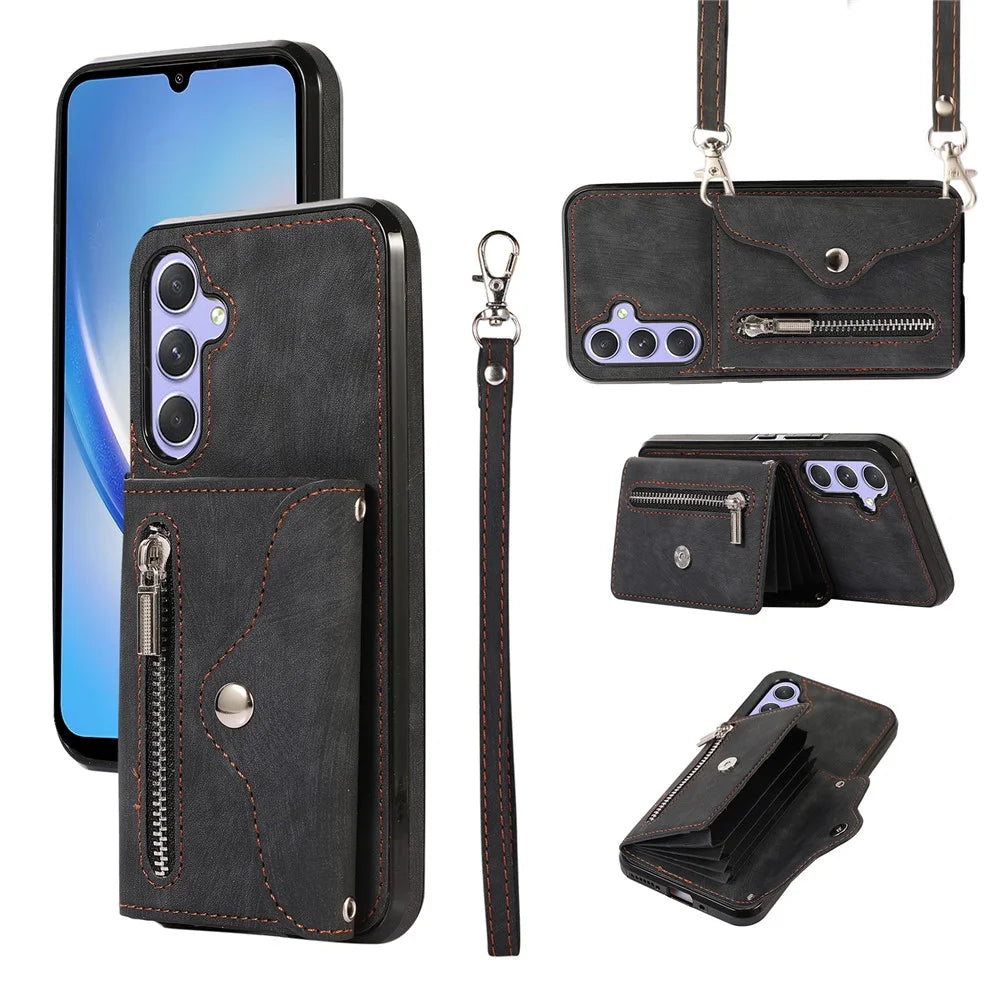 For Samsung Galaxy A34 5G Anti-Scratch Phone Case Kickstand PU Leather+TPU RFID Blocking Card Bag Cover - Black - 1