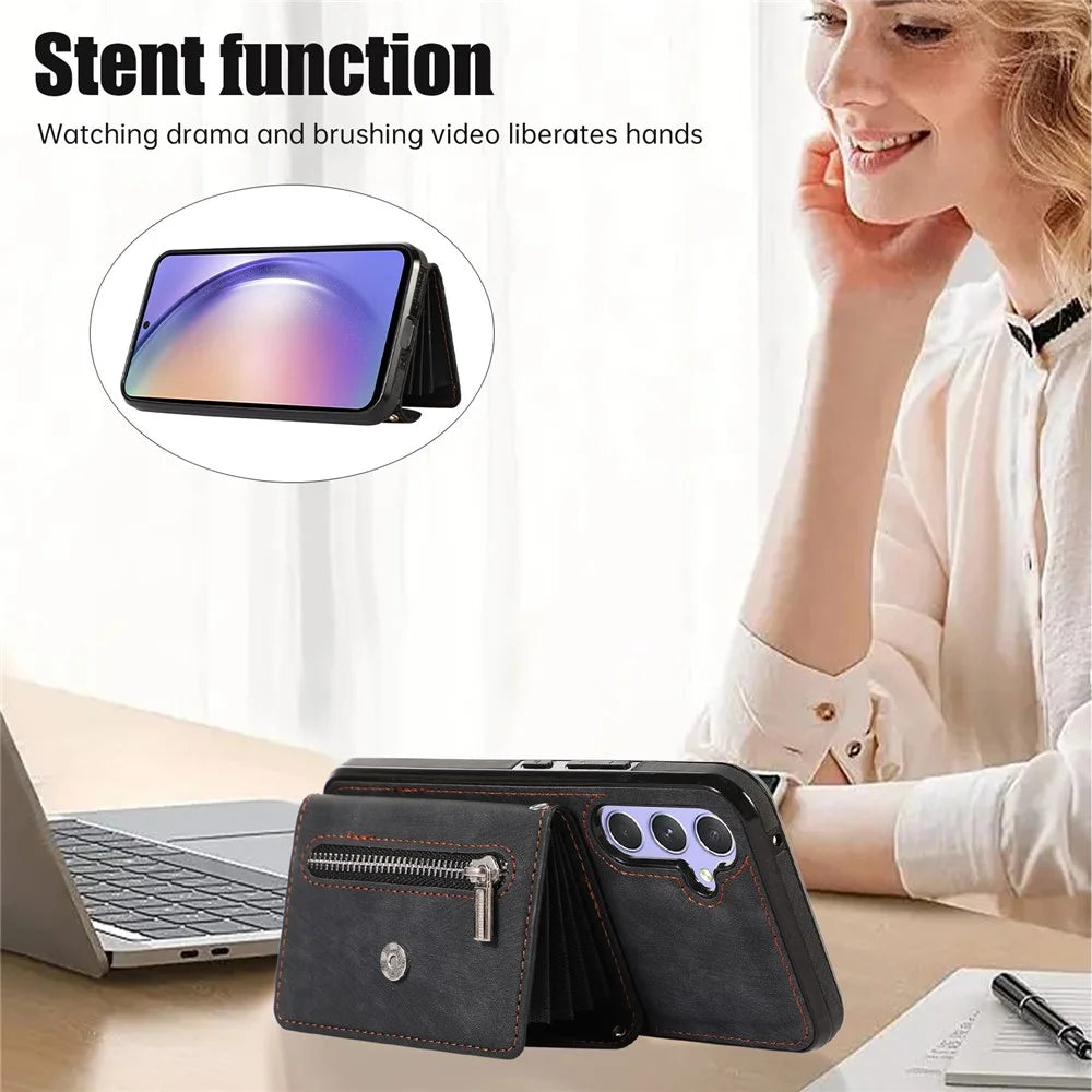 For Samsung Galaxy A34 5G Anti-Scratch Phone Case Kickstand PU Leather+TPU RFID Blocking Card Bag Cover - Black - 3