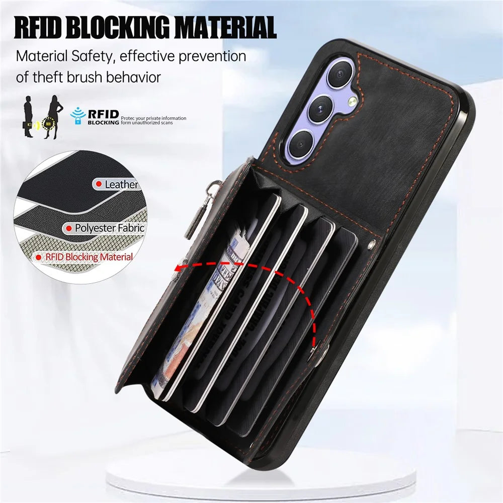 For Samsung Galaxy A34 5G Anti-Scratch Phone Case Kickstand PU Leather+TPU RFID Blocking Card Bag Cover - Black - 5
