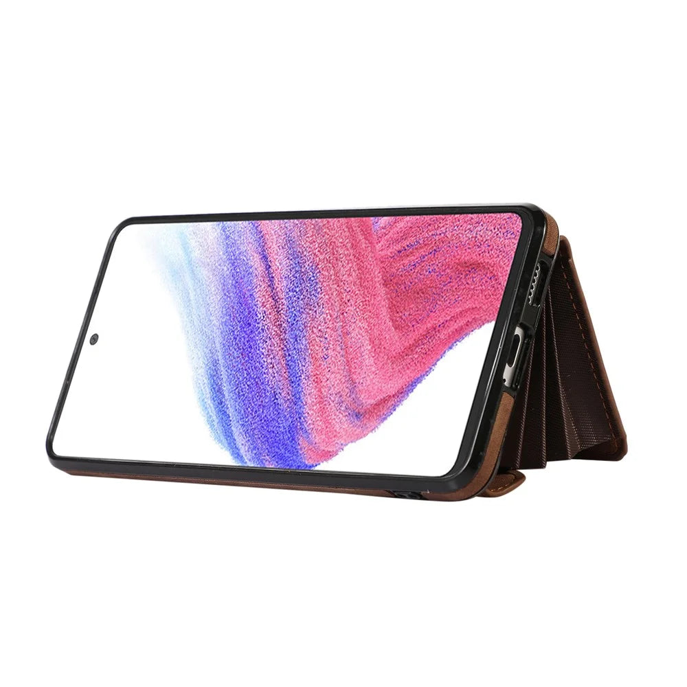 For Samsung Galaxy A53 5G Anti-Fingerprint Cover Kickstand PU Leather+TPU Cell Phone Case with RFID Blocking Card Bag - Brown - 2