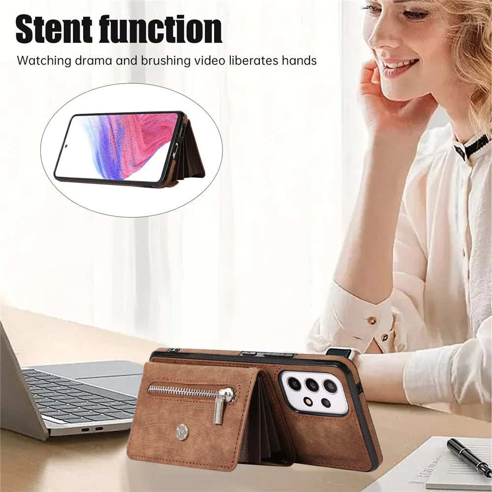 For Samsung Galaxy A53 5G Anti-Fingerprint Cover Kickstand PU Leather+TPU Cell Phone Case with RFID Blocking Card Bag - Brown - 4