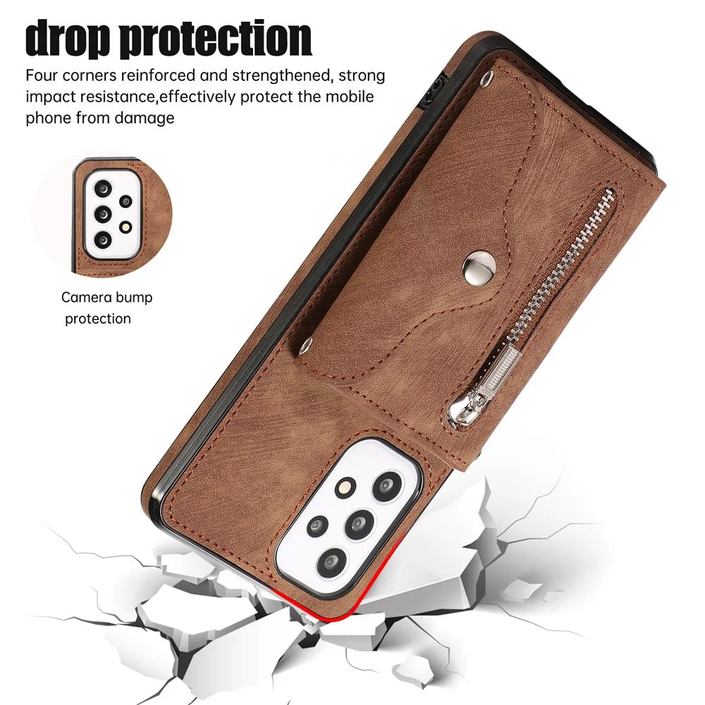 For Samsung Galaxy A53 5G Anti-Fingerprint Cover Kickstand PU Leather+TPU Cell Phone Case with RFID Blocking Card Bag - Brown - 5