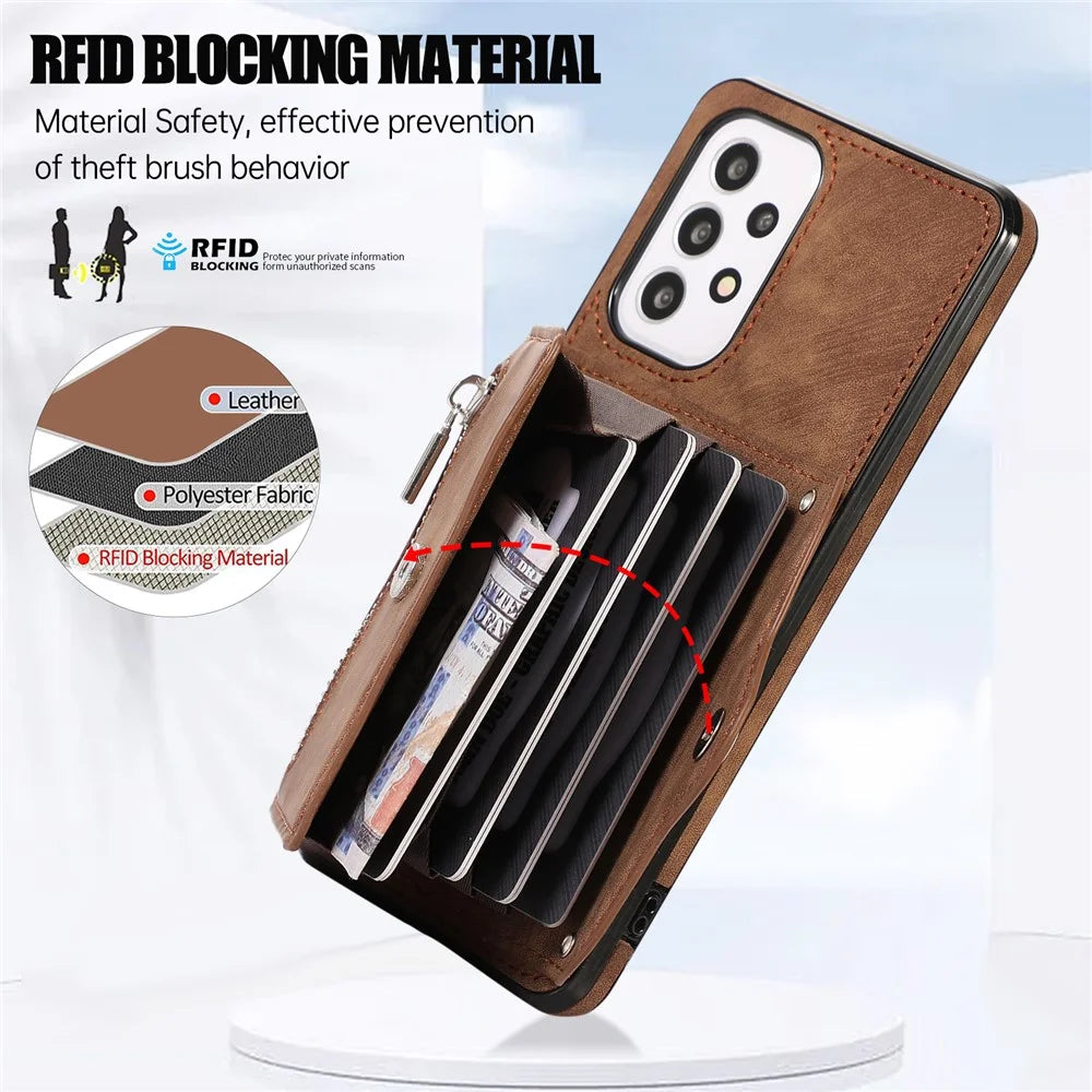 For Samsung Galaxy A53 5G Anti-Fingerprint Cover Kickstand PU Leather+TPU Cell Phone Case with RFID Blocking Card Bag - Brown - 6