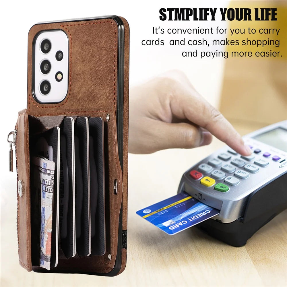 For Samsung Galaxy A53 5G Anti-Fingerprint Cover Kickstand PU Leather+TPU Cell Phone Case with RFID Blocking Card Bag - Brown - 7
