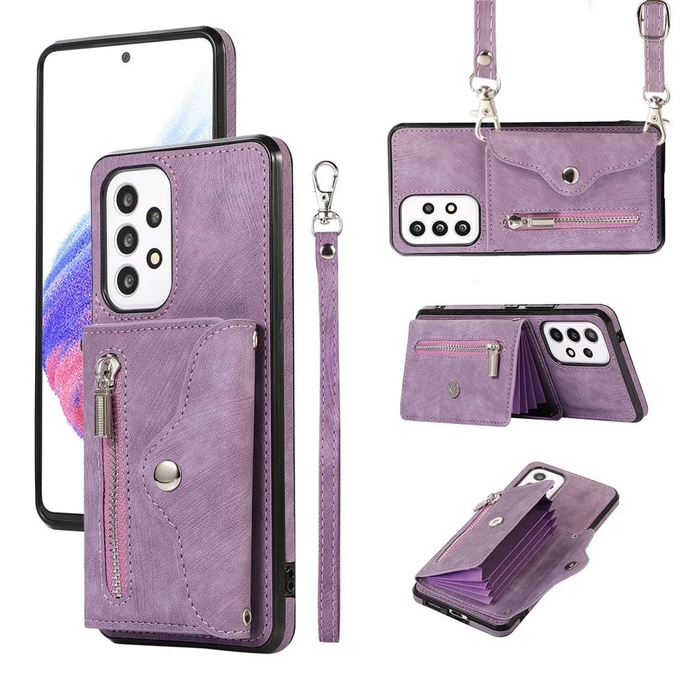 For Samsung Galaxy A52 4G / A52s 5G / A52 5G Smartphone Case RFID Blocking Card Holder Kickstand PU Leather+TPU Cover - Purple - 1