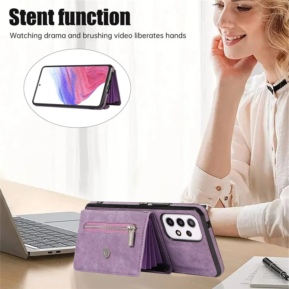 For Samsung Galaxy A52 4G / A52s 5G / A52 5G Smartphone Case RFID Blocking Card Holder Kickstand PU Leather+TPU Cover - Purple - 3