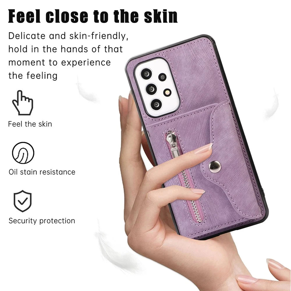 For Samsung Galaxy A52 4G / A52s 5G / A52 5G Smartphone Case RFID Blocking Card Holder Kickstand PU Leather+TPU Cover - Purple - 4
