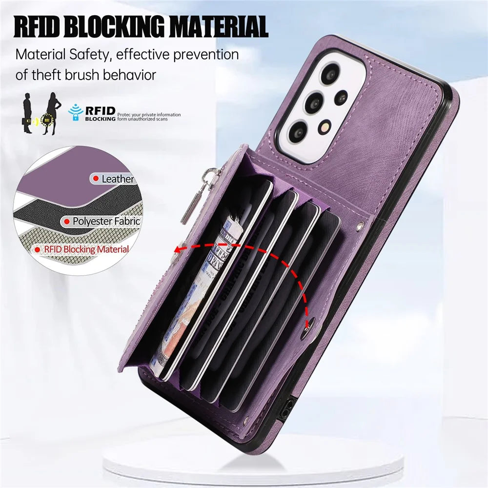 For Samsung Galaxy A52 4G / A52s 5G / A52 5G Smartphone Case RFID Blocking Card Holder Kickstand PU Leather+TPU Cover - Purple - 5