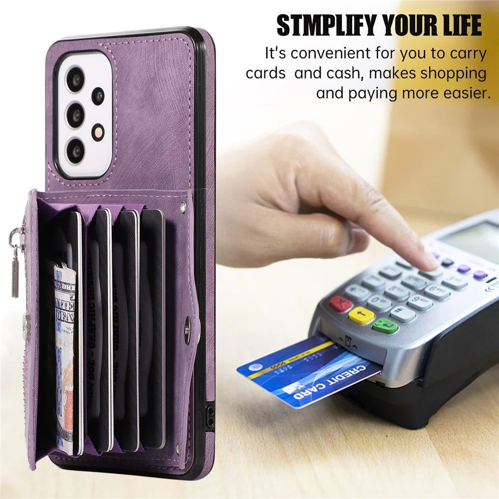 For Samsung Galaxy A52 4G / A52s 5G / A52 5G Smartphone Case RFID Blocking Card Holder Kickstand PU Leather+TPU Cover - Purple - 6