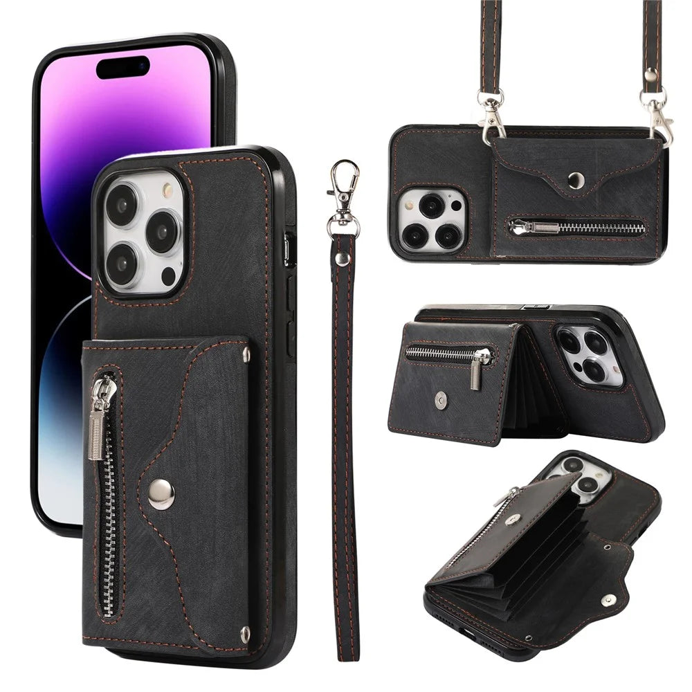 For iPhone 14 Pro PU Leather+TPU Scratch Proof Phone Case Kickstand Cover with RFID Blocking Card Bag - Black - 1