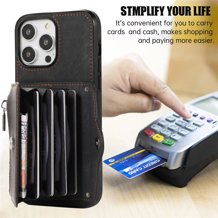 For iPhone 14 Pro PU Leather+TPU Scratch Proof Phone Case Kickstand Cover with RFID Blocking Card Bag - Black - 3