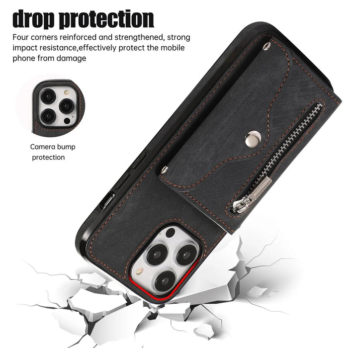 For iPhone 14 Pro PU Leather+TPU Scratch Proof Phone Case Kickstand Cover with RFID Blocking Card Bag - Black - 4