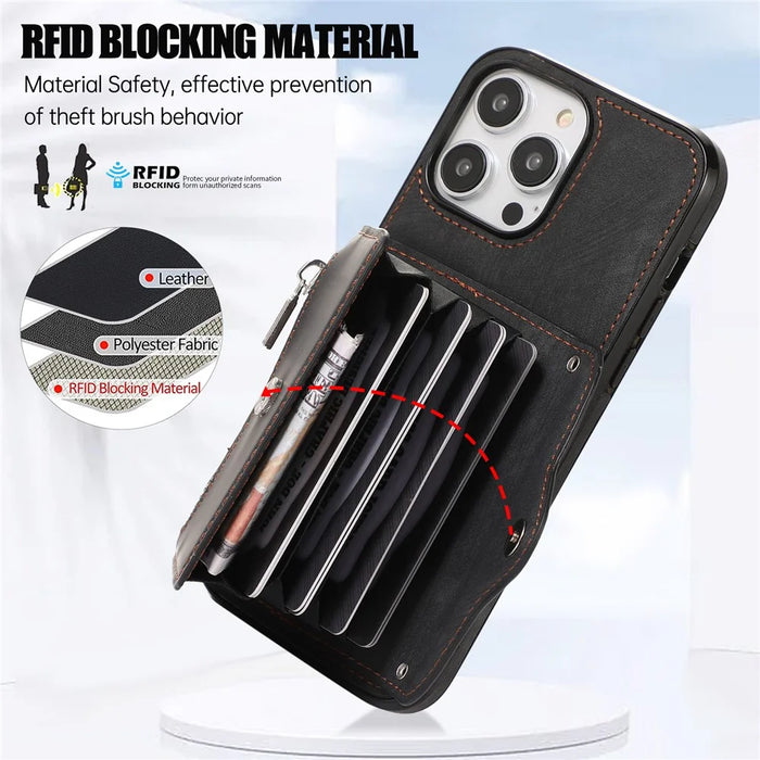 For iPhone 14 Pro PU Leather+TPU Scratch Proof Phone Case Kickstand Cover with RFID Blocking Card Bag - Black - 6