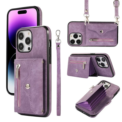 For iPhone 14 Pro Max PU Leather+TPU Phone Case Kickstand Back Cover with RFID Blocking Card Bag - Purple - 1