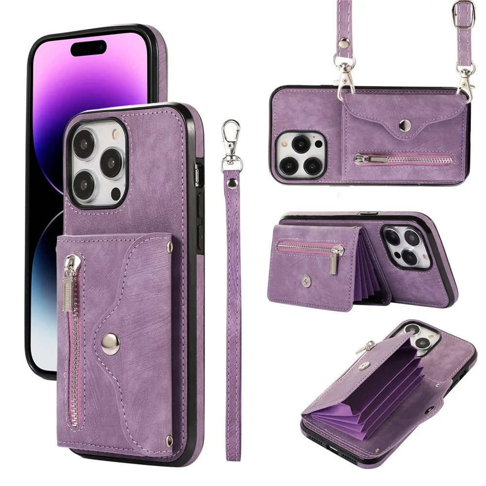 For iPhone 14 Pro Max PU Leather+TPU Phone Case Kickstand Back Cover with RFID Blocking Card Bag - Purple - 1