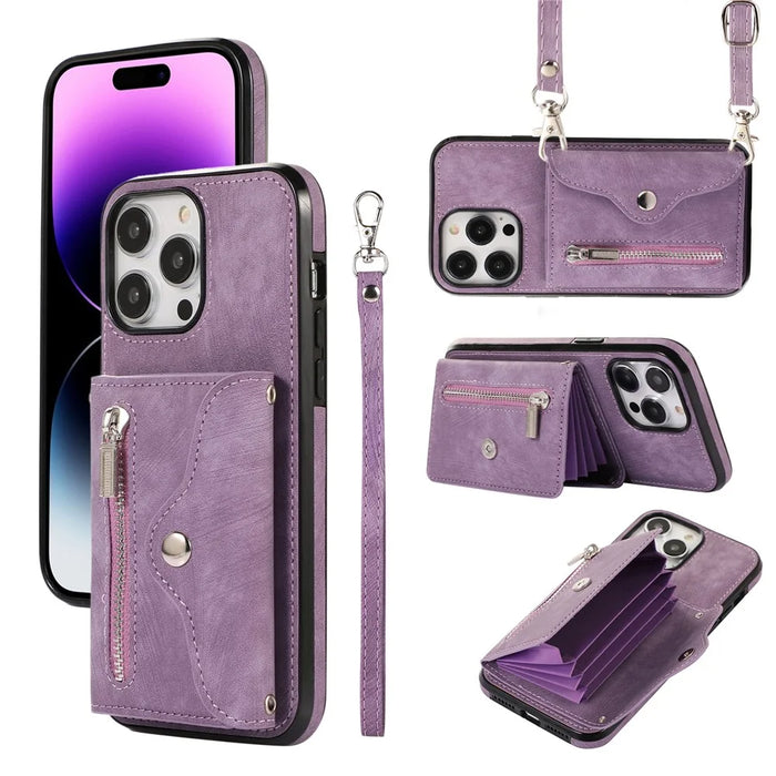 For iPhone 14 Pro Max PU Leather+TPU Phone Case Kickstand Back Cover with RFID Blocking Card Bag - Purple - 1