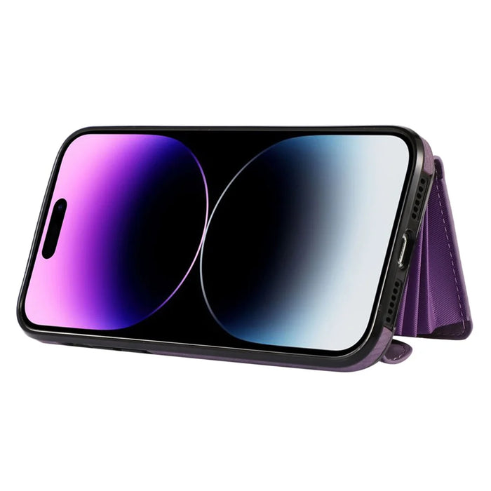 For iPhone 14 Pro Max PU Leather+TPU Phone Case Kickstand Back Cover with RFID Blocking Card Bag - Purple - 2