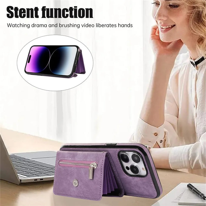 For iPhone 14 Pro Max PU Leather+TPU Phone Case Kickstand Back Cover with RFID Blocking Card Bag - Purple - 4