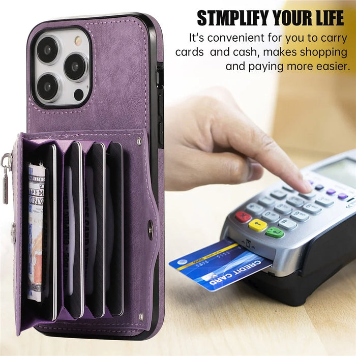 For iPhone 14 Pro Max PU Leather+TPU Phone Case Kickstand Back Cover with RFID Blocking Card Bag - Purple - 5