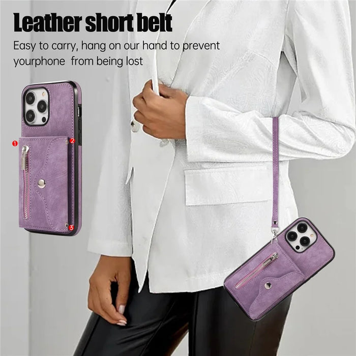 For iPhone 14 Pro Max PU Leather+TPU Phone Case Kickstand Back Cover with RFID Blocking Card Bag - Purple - 6