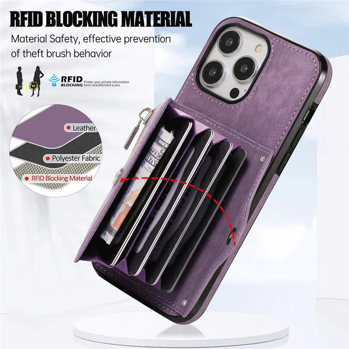 For iPhone 14 Pro Max PU Leather+TPU Phone Case Kickstand Back Cover with RFID Blocking Card Bag - Purple - 7