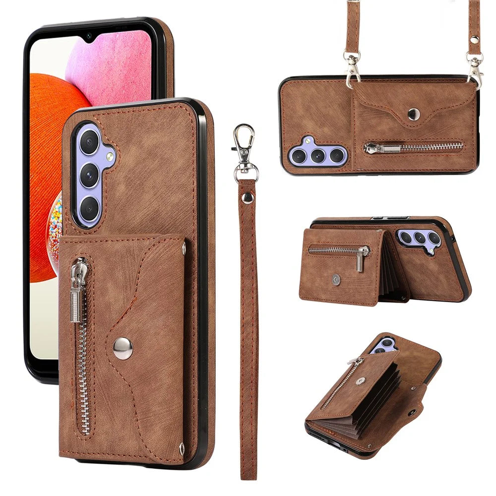 For Samsung Galaxy A14 4G / 5G Phone Carrying Pouch RFID Blocking Card Bag Kickstand PU Leather+TPU Case - Brown - 1