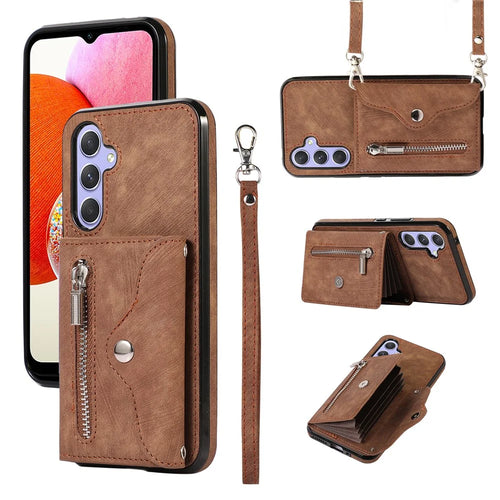 For Samsung Galaxy A14 4G / 5G Phone Carrying Pouch RFID Blocking Card Bag Kickstand PU Leather+TPU Case - Brown - 1