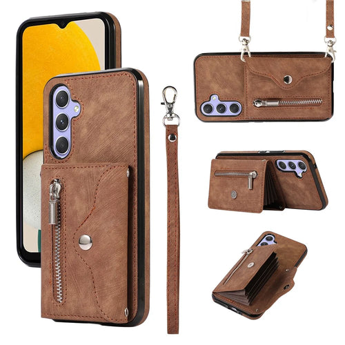Smartphone Case for Samsung Galaxy A13 5G PU Leather+TPU Kickstand Shell with RFID Blocking Card Bag - Brown - 1