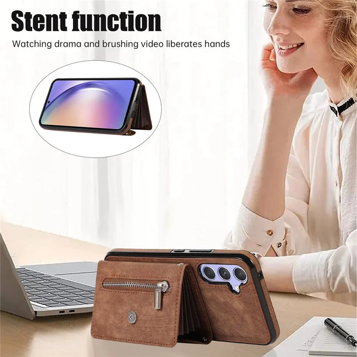Smartphone Case for Samsung Galaxy A13 5G PU Leather+TPU Kickstand Shell with RFID Blocking Card Bag - Brown - 3